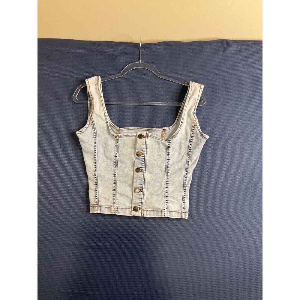 Love Trends Acid Wash Denim Corset Crop Top Light Blue Button Down RN 169283